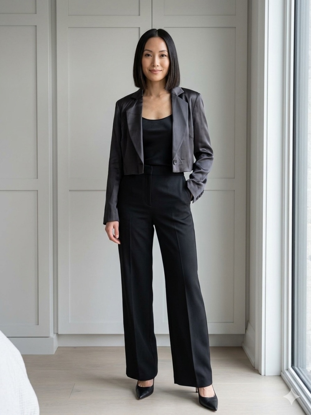 Fleur du Mal Cropped Satin Blazer in Charcoal Gray